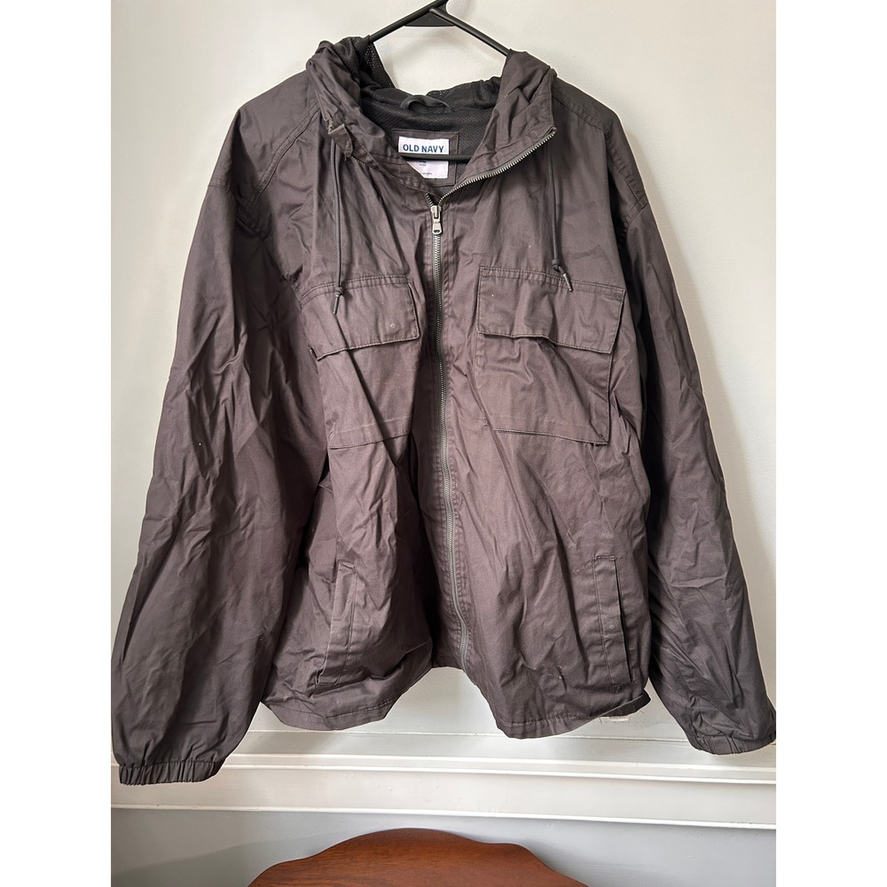 Old Navy Mens XXL Hooded Field Jacket Gray Mesh Lined Full Zip Windbreaker